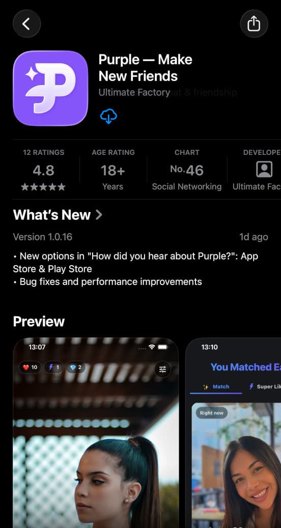 Purple en el puesto #46 de la App Store en la categoría de Redes Sociales
