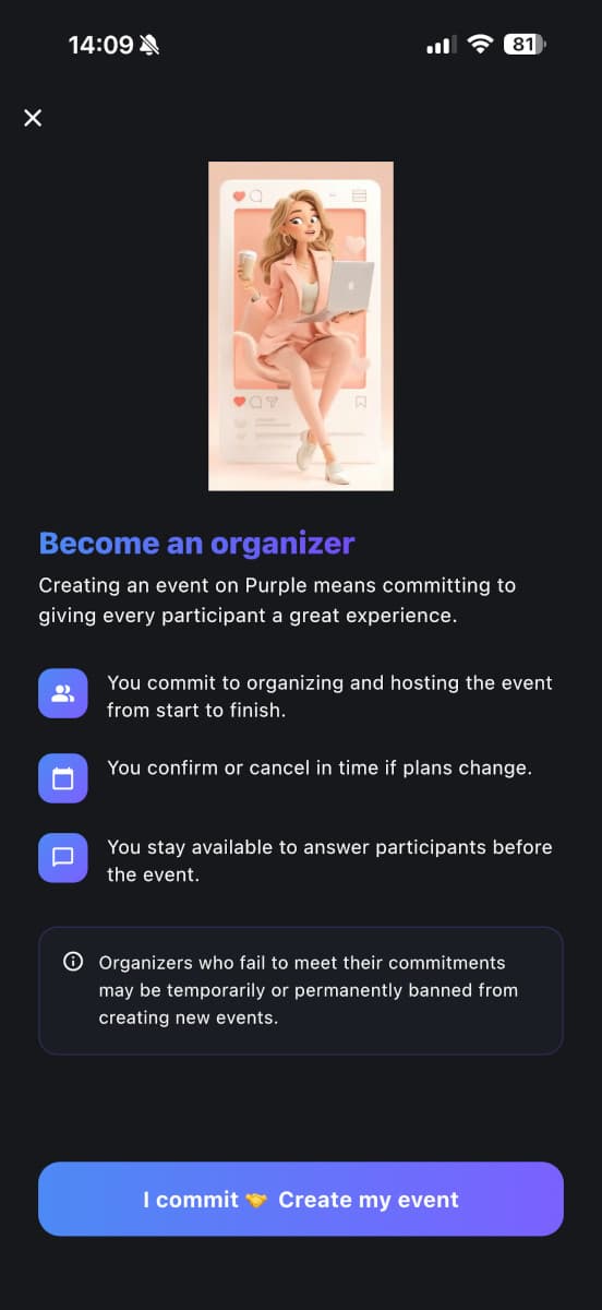 Organizing an event on Purple