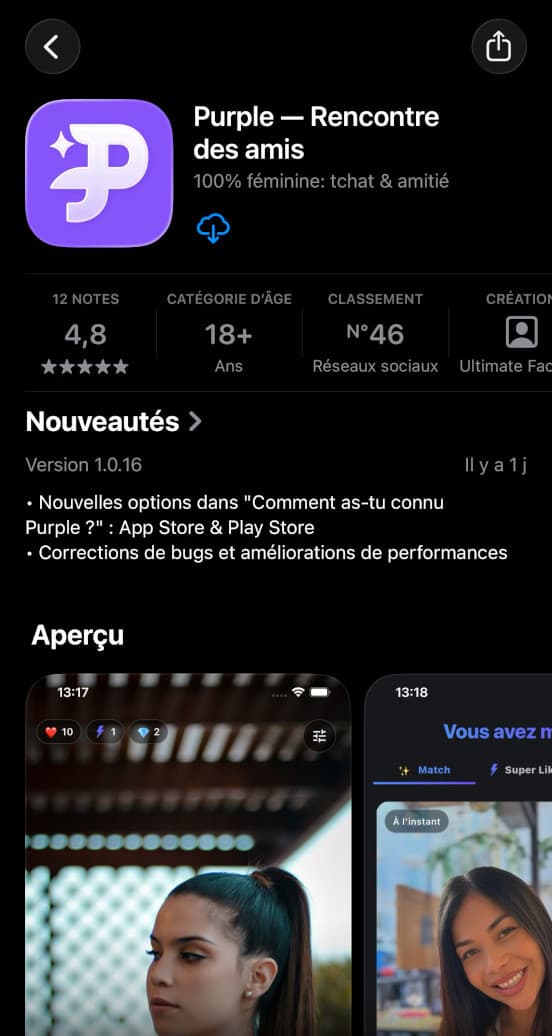 Purple classée 46e dans la catégorie Réseaux sociaux sur App Store