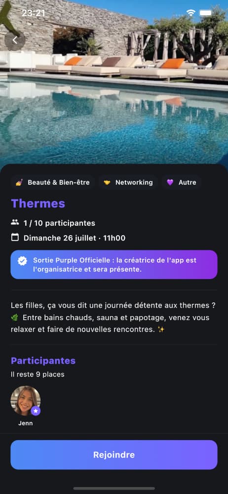 Purple app event details screen