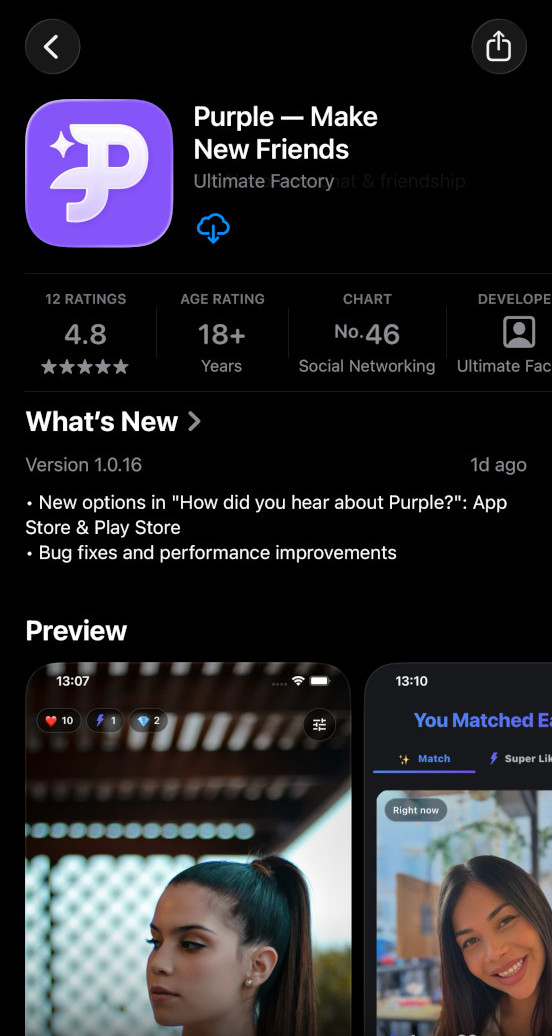 Purple ranked #46 on the App Store in the Social Networking category