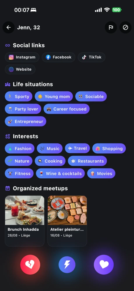 Organized and attended events shown on a Purple profile