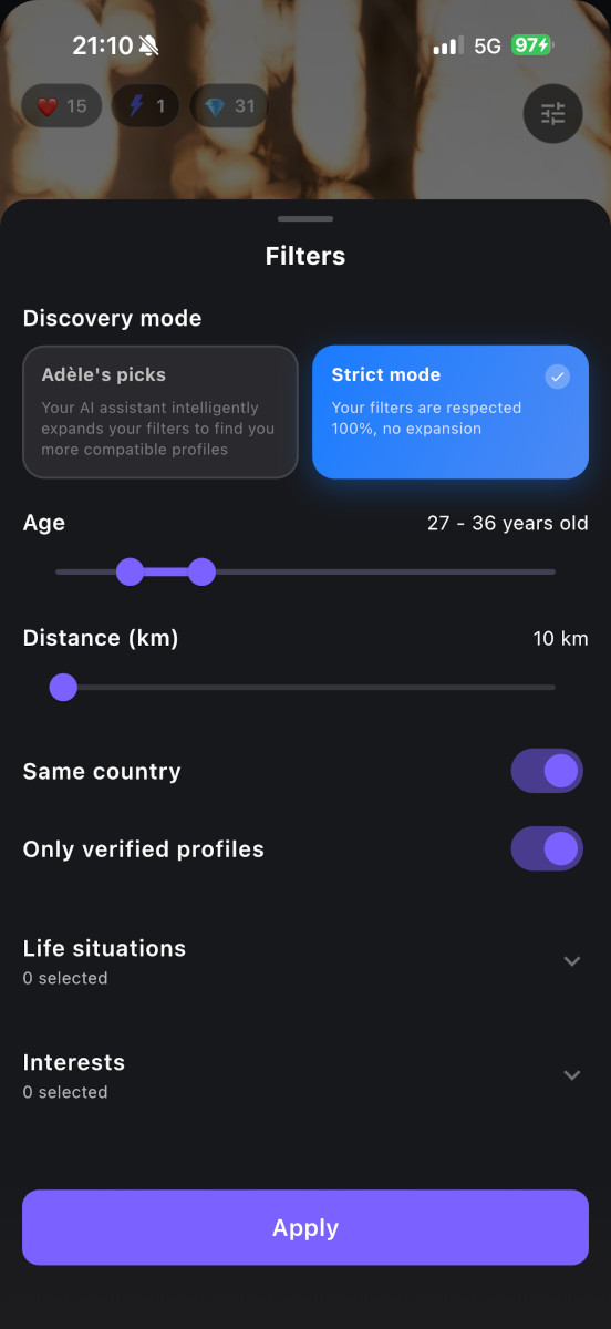 Adèle mode and Manual mode in filters
