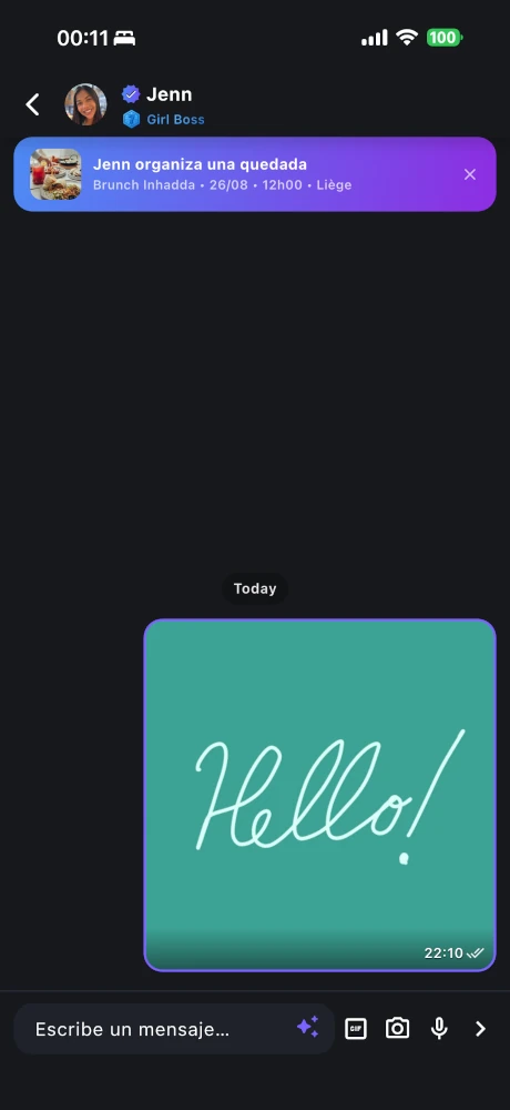 Banner de quedada mostrado en una conversación de Purple