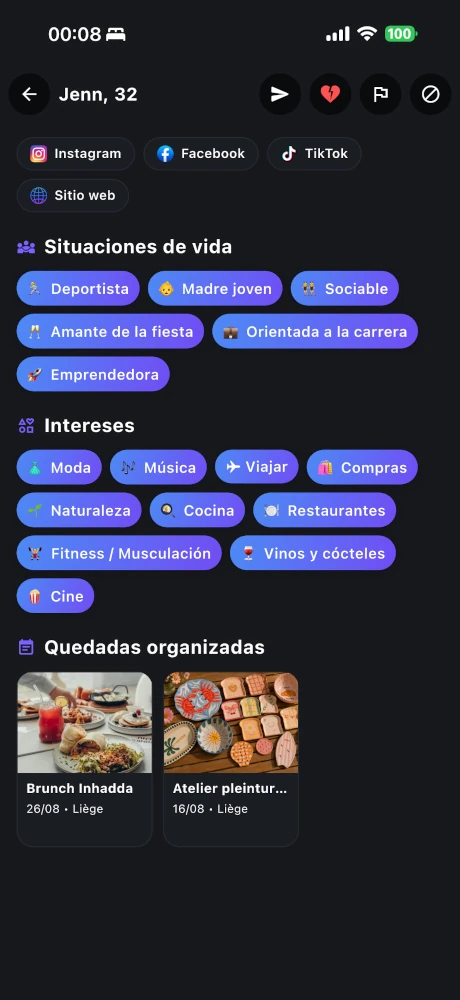 Quedadas organizadas y a las que se ha apuntado, mostradas en un perfil de Purple