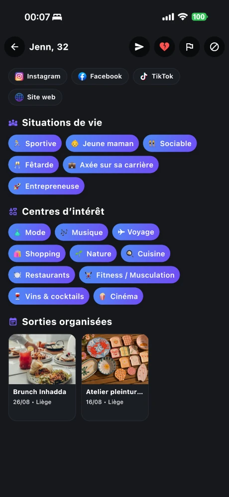 Sorties organisées et participées affichées sur un profil Purple